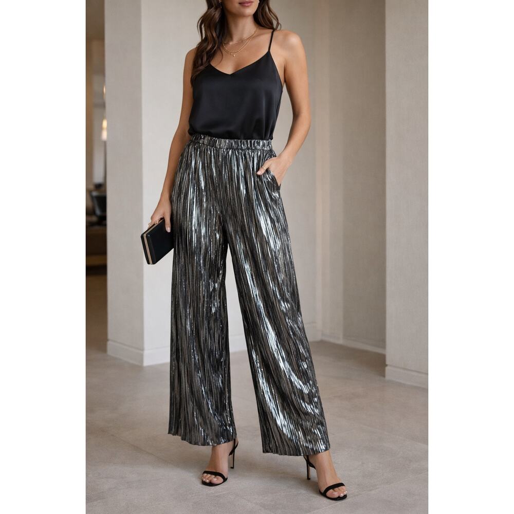 NKN Nekane Silver Metallic Pleated Wide Leg Pants XL NWT Elastic Waist